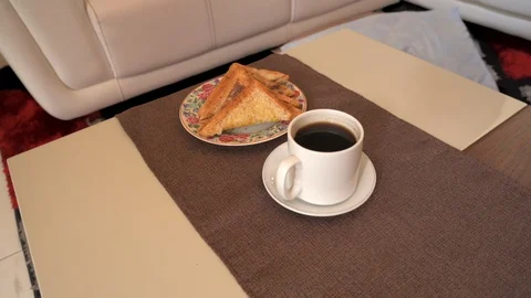 Breakfast menu with cup of coffee and tuna toast bread Stock Footage 118978409