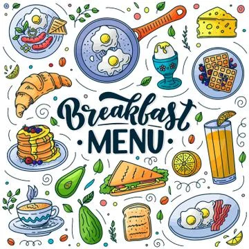Breakfast menu design elements. Vector doodle style illustration. Hand drawn Stock Illustration
