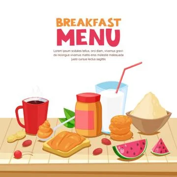 Breakfast menu design, vector cartoon illustration. Peanut butter sandwich, t Stock Illustration
