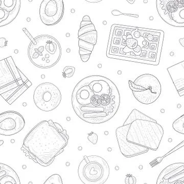 Breakfast Menu Hand Drawn Seamless Pattern with Morning Food Dishes, Can Be Used Illustrazione stock