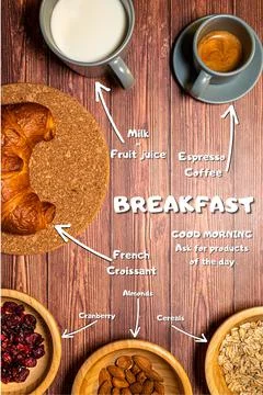 Breakfast menu, image with coffee, milk and croissants on a wooden table. Stock Photos
