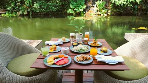 Breakfast in Modern Hotel with a Table Full of Various Food Видео 230371913