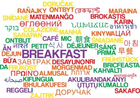 Breakfast multilanguage wordcloud background concept Stock Illustration