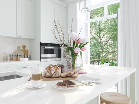 Breakfast in a nice kitchen interior. springtime. 3d rendering Stock Illustration