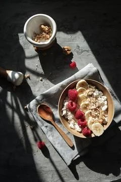 Breakfast oatmeal cereal with raspberry top view Stock Photos