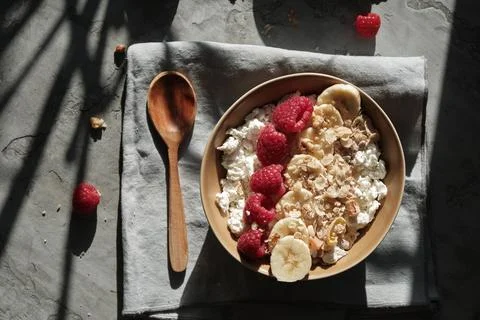 Breakfast oatmeal cereal with raspberry top view Stock Photos