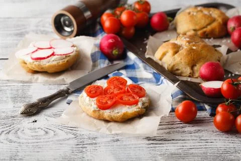 Breakfast with olive bread and tomato Stock Photos