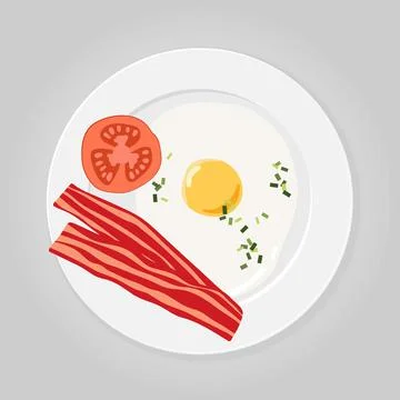 Breakfast. One fried egg, pieces of bacon and tomato on round white plate Illustrazione stock