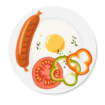 Breakfast. One fried egg, pieces of paprika and tomato, sausage on round white Stock Illustration