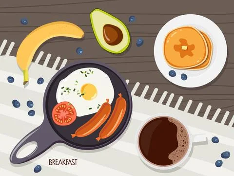 Breakfast. One fried egg, sausage and tomato in frying pan, coffee cup, fruits Stock Illustration