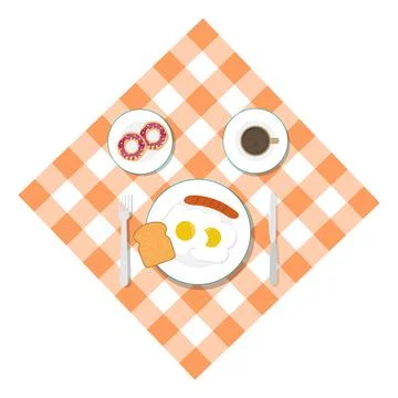 Breakfast on orange plaid tablecloth with fried eggs sausage toast coffee Stock Illustration