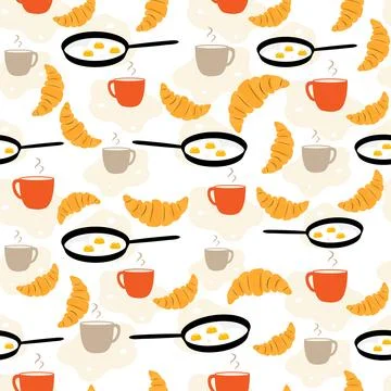 Breakfast pattern with croissants, fried eggs in pans, and steaming coffee .. Stock Illustration