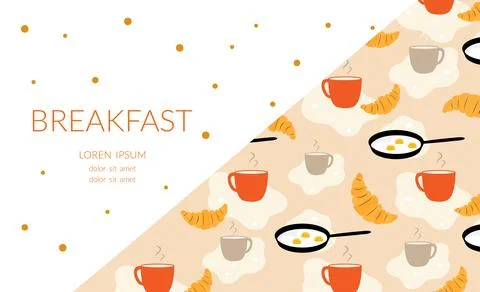 Breakfast pattern with cups, fried eggs, and croissants on white and beige .. Stock Illustration
