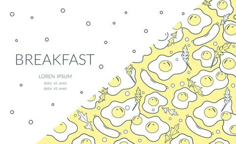 Breakfast pattern with fried eggs and sausages on yellow background, featur.. イラスト素材