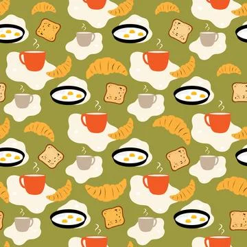 Breakfast pattern with fried eggs, toast, croissants, and coffee cups on ol.. Stock Illustration