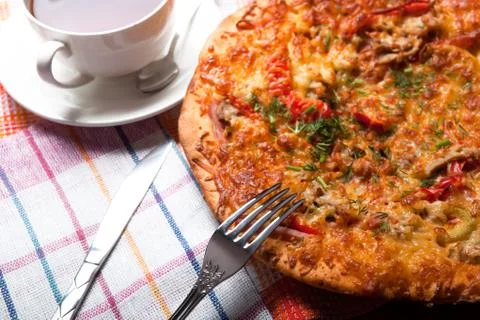 Breakfast pizza and tea Stock Photos