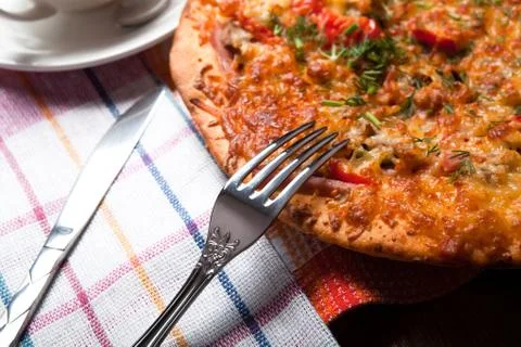 Breakfast pizza and tea Foto stock