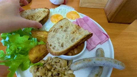 Breakfast Plate with Bread and Baked Beans Stock Footage 305302087