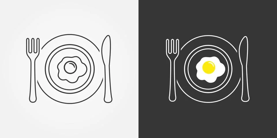 Breakfast plate line icon. Fork, knife, scrambled egg on plate outline vect.. Stock Illustration