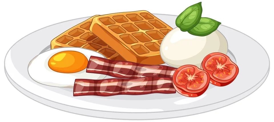 Breakfast Plate with Waffles Fried Egg Bacon and Tomato Vector Illustration Stock Illustration