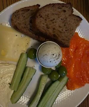 Breakfast Platter with Bread, Cheese and Veg Stock Photos