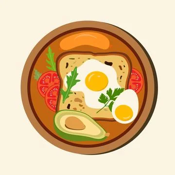 Breakfast platter featuring eggs, avocado, toast, and fresh vegetables on w.. Stock Illustration