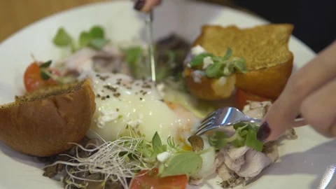 Breakfast with poached eggs Stock Footage 98130142