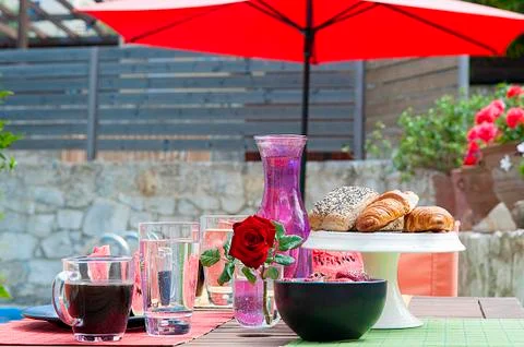 Breakfast at pool side Stock Photos
