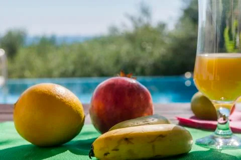 Breakfast in poolside Stock Photos