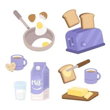 Breakfast preparation concept. Fried eggs, toast, bread and butter and a cup of Stock Illustration
