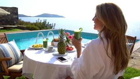 Breakfast on Private Poolside. Exclusive Luxury Resort With Splendid View on Sea Stock-Footage 122951582