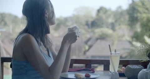 Breakfast on Private Poolside. Exclusive Luxury Resort With Splendid View on Sea Stock Footage 126116157