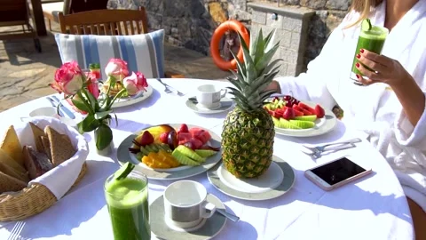 Breakfast on Private Poolside. Exclusive Luxury Resort With Splendid View on Sea Stock Footage 145410165