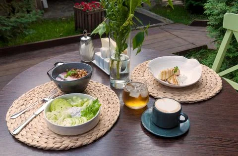 Breakfast in the restaurant serving for two Stock Photos