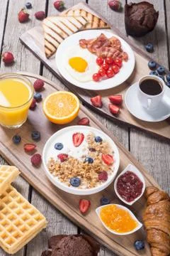Breakfast  on rustic table Stock Photos