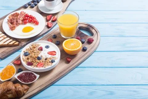 Breakfast  on rustic table Stock Photos