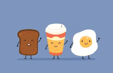 Breakfast say hello. Cute kawaii fried egg, bread toast and mug of coffee イラスト素材