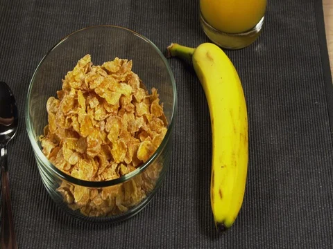 Breakfast Scene Top View Cereal Raspberry Banana 17 Stock Footage 84003452