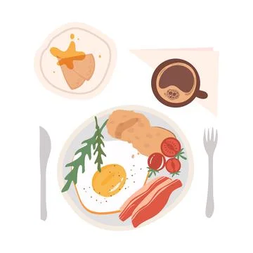 Breakfast with scrambled eggs, bacon, arugula, pancakes, honey and coffee Illustrazione stock