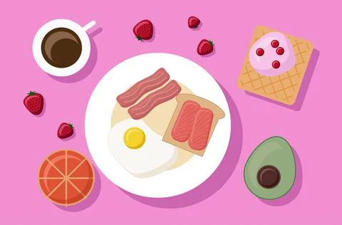 Breakfast. Scrambled eggs with bacon, avocado and coffee. Vector flat illustr Stock Illustration