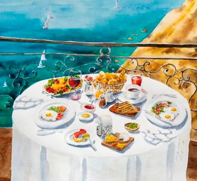 Breakfast with sea view Stock Illustration