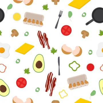 Breakfast seamless pattern. Eggs, avocado, bacon, pepper, sauce, cheese 库存插图