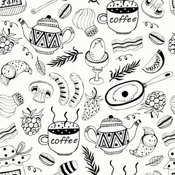 Breakfast seamless vector pattern. Hand-drawn illustration on white Stock Illustration