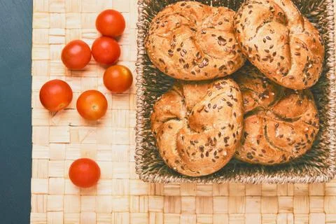 Breakfast server. Cooked buns on the table. Stock Photos