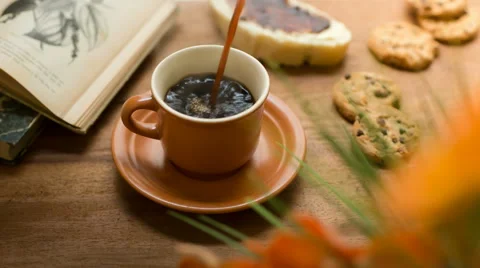 Breakfast serving coffee on wooden table Stock Footage 51556802