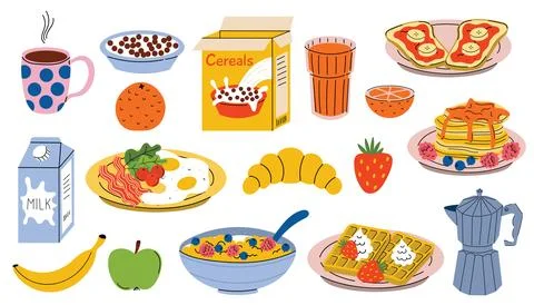 Breakfast set with eggs and cereals, fruits and coffee, pancakes and orange j Stock Illustration