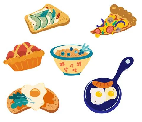 Breakfast set of food. Porridge with berries, avocado sandwich, scrambled egg Stock Illustration