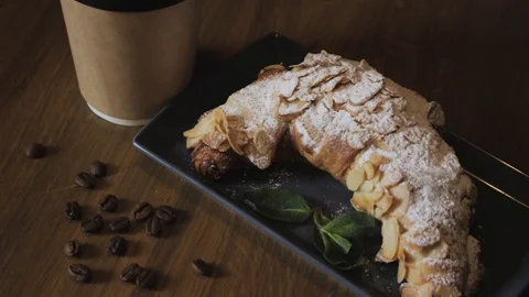 Breakfast set. Freshly baked croissants,cup of coffee Stock Footage 106949663