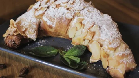 Breakfast set. Freshly baked croissants,cup of coffee Stock Footage 106949671