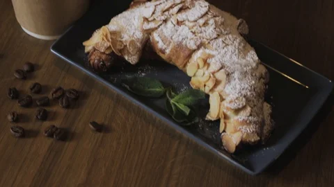 Breakfast set. Freshly baked croissants,cup of coffee Stock Footage 106949746